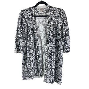 Chicos Open Front Black White Kimono Cardigan Size 1 US M Cotton Blend Geometric